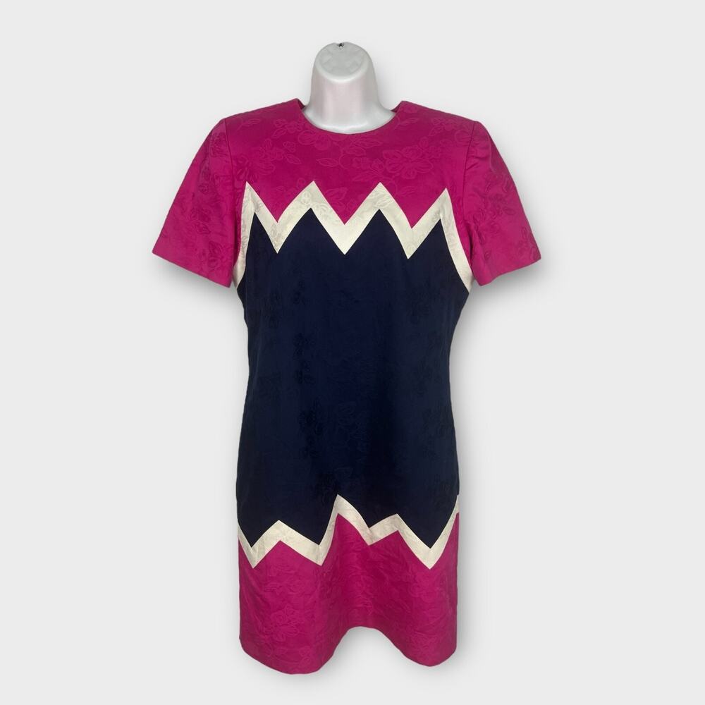 Vintage 80s Pink White Blue Chevron Embossed Floral‎ Sheath Dress 10/12